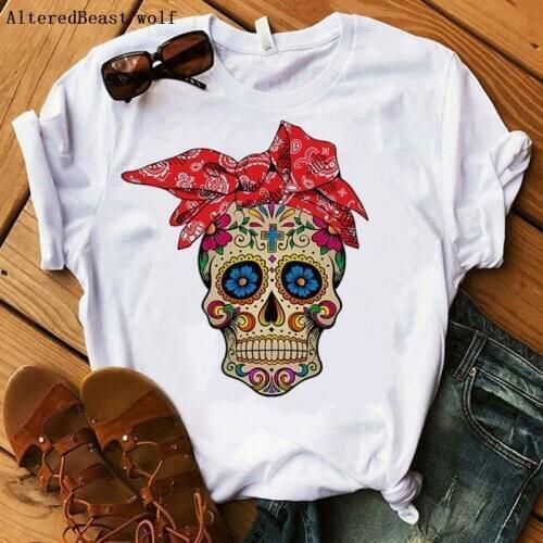 2020 Sugar Skull Women Tshirt Red Bandana Summer Short Sleeve Fashion Mama T-shirt Graphic Female O-neck Mom T-Shirt Femme 90s