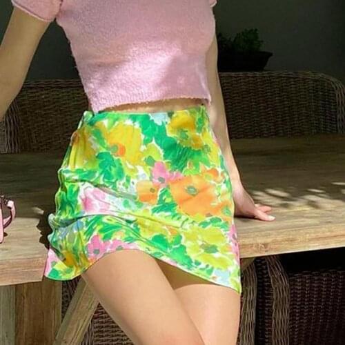 Floral Mini Skirt Tie Dye Oil Print Vinatge With Lining 2021 Summer Ladies Streetwear Chiffon High Waist Skirts Women Slim Skirt