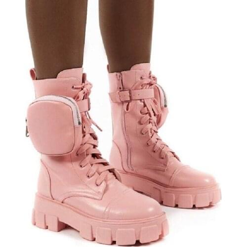 Rimocy Women Pink PU Leather Motorcycle Boots Pocket Chunky Lace Up Ladies Ankle Boots Autumn Winter Vogue Platform Booties