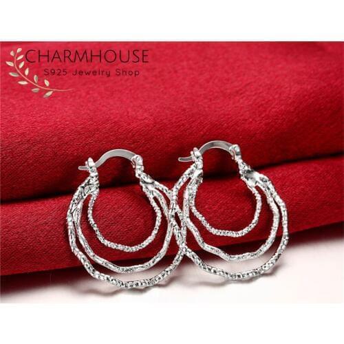Charmhouse Pure 925 Silver Hoop Earrings For Women 3 Layer Cirlces Ear Cuff Brincos Femme Pendientes Wedding Bridal Jewelry