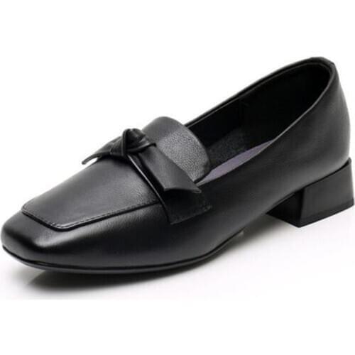 2020 New British Style Square Toe Bow Top Cowhide Leather Shoes Woman Low Heel Shoe Large Size Comfortable Fashion Casual Shoes