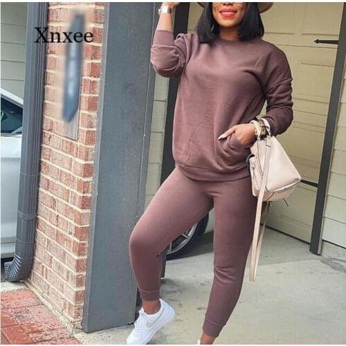 Fall Womens Solid Color Fashion Round Neck Pullover and Trousers Set 2-Piece Sportswear Sportswear Sportswear