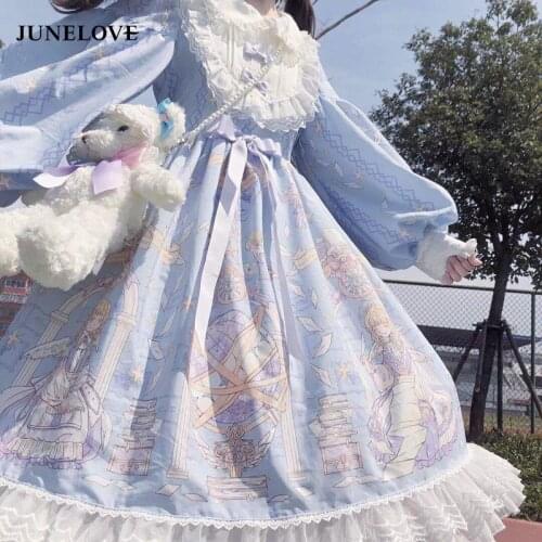 JuneLove Spring Summer sweet Lolita Dress Women Kawaii Victorian Tea Party Long Sleeves Lace Gothic Girls Lolita Dresses Cosplay