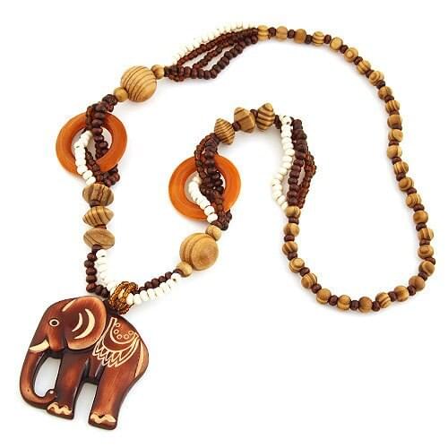 2021 Bohemian Jewelry National Style Handmade Pearl Wood Elephant Pendant Necklace Is Suitable for Womens Neck Necklace