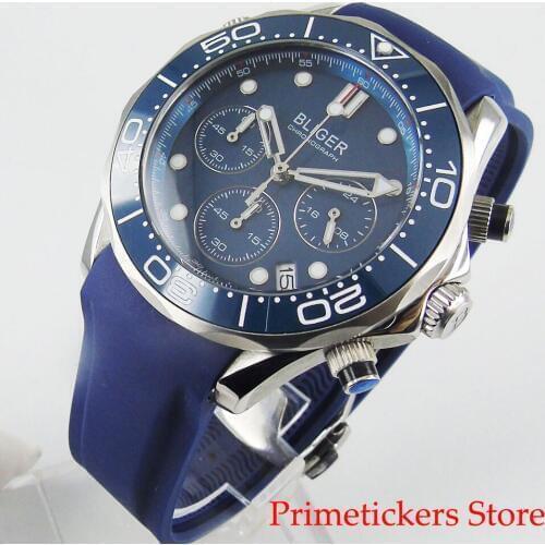 Quartz movement 41mm blue dial sapphire glass date chronograph 24 hours rubber strap mens watch