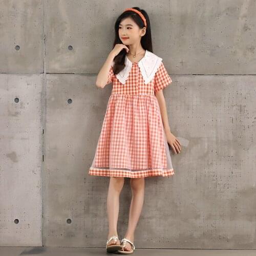 2021 Kids Dresses for Girls Cotton Childrens Clothing Gauze Summer Dress Elegant Orange Plaid Girl Dress 4 6 8 10 12 14 Years