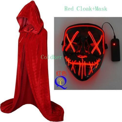 Halloween Cosplay Costumes Hooded Cloak Long Velvet Cape for Christmas Mask LED Light up Mask Festival Masquerade Parties Gifts