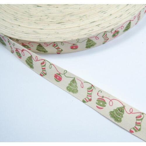 Handmade Printed Cotton Ribbon "Christmas stocking" Print Ribbon For Gift Wrapping Party Dress Sew On Garment 5 yards 5/8" 15mm