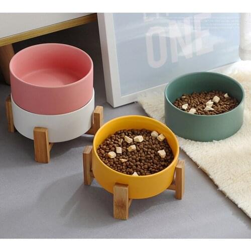 Ceramic Pet bowls Small Cat Dog Food Container With Anti-skid Wooden Frame Feeding Water Bowl Accessories Animal Supplies