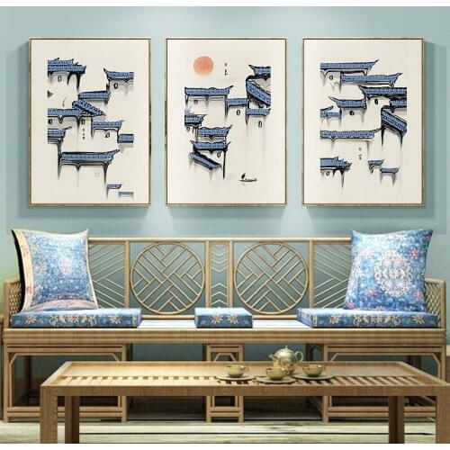 Chinese Classical Architecture Lotus Red Sun Canvas Painting Posters and Prints Wall Art Pictures Mural Living Room Home Decor