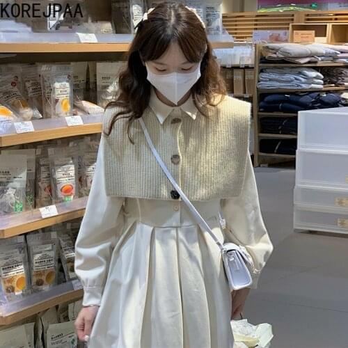 Korejpaa Autumn Gentle Two Piece Sets Women Korea Chic Turn-down Collar High Waist Solid Dress + Knitwear Buttons Shawl Suit