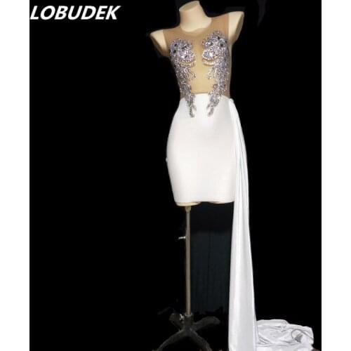 Summer Women Wrap Hip Mini Dress Sexy Transparent Rhinestones White Velvet Tailing Celebrate Dresses Singer Host Stage Costume