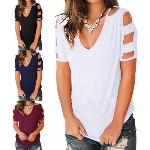 Fashion Women T-Shirts Short Sleeve Women V Neck Solid Color Short Sleeve Hollow Loose Top Pullover T-shirt for Outdoor