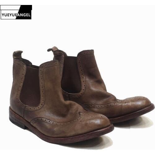 Top Brand British Carved Mens Genuine Leather Chelsea Boots Round Toe High Top Slip On Vintage Brogue Motorcycles Ankle Boots