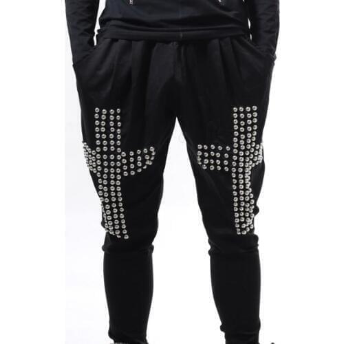 Stage personality men pants cross rivets harem pant men feet trousers bloomers singer dance rock fashion pantalon homme black