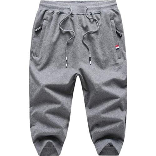 Mens Shorts Cotton 3/4 Jogger Capri Pants Casual Drawstring Zipper Pockets Elastic Waist