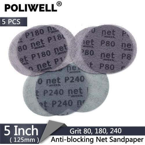 POLIWELL 5PCS 5" 125 mm Mesh Abrasive Paper Dust Free Sanding Discs Auto Repair Round Net Sandpaper Anti-blocking 80 180 240Grit