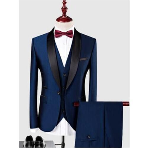 New Customized Shawl Black Lapel Groom Men Suit Wedding Best Mens Suits 3 Pieces (Jacket+Pants+Vest) Royal Blue man Suit