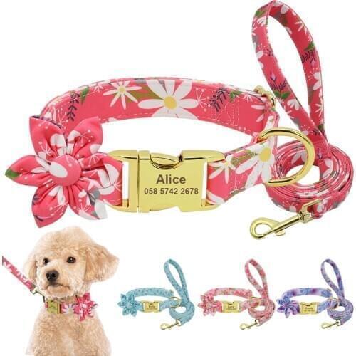 Personalized Nylon Dog Collar and Leash Small Medium Large Dogs ID Collars Pet Lead Belt Rope Flower Accessories Metal Buckle