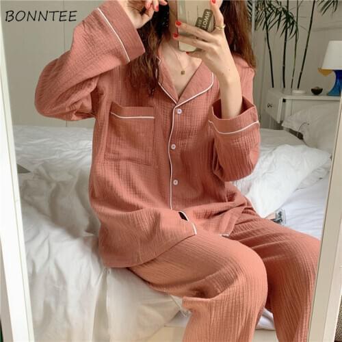 Pajama Sets Women Solid Cotton Students Harajuku Simple Soft Sleepwear Daily Homewear New Autumn Loose Leisure Cute Long Sleeve