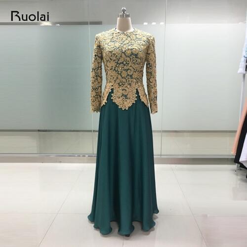 Custom Made Elegant Robe de Soiree Dubai Golden Appliques Beaded Long Sleeves Muslim Evening Dresses 2019 Prom Party Gown MP01