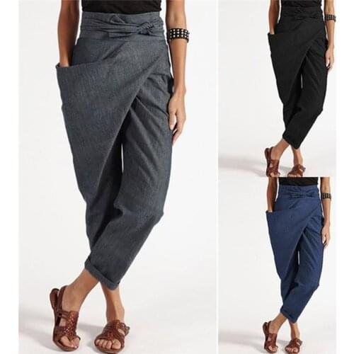 Harem Pants Plus Size S-2XL Womens Casual Loose High Waist Lace Up Strap Solid One Side Pocket Trousers Comfort Pants