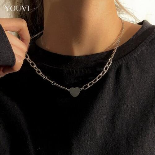 YOUVI Hip Hop Stainless Steel Heart Charm Pendant Necklace Jewelry Punk Cuban Love Clavicle Long Chain Neck Unisex Accessories