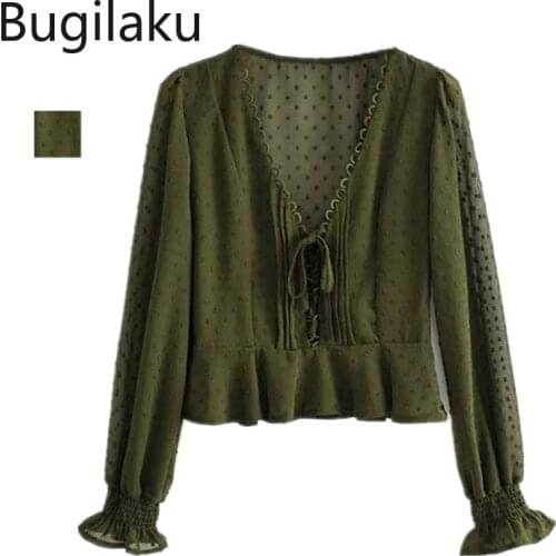 Bugilaku V Neck Lace Up Long Sleeve Blouse Women Unicolor Casual Vintage Shirts Female French Style New Chic Tops Blusas Mujer