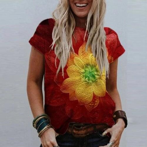 Fashion Womens Summer Round Neck Casual Loose Floral Printed Flower T Shirt Tie Dye Tops Plus Size Short Sleeve