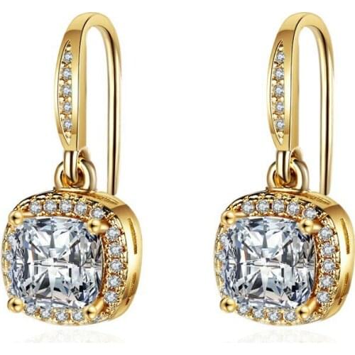 Womens New Fashion Square Zirconia Drop Earrings Shiny Micro Crystal Paved Golden/White Earring Hook Piercing Jewelry Gifts