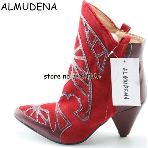 Rome Style Women Embroidery Suede Spike Heels Ankle Boots Pointed Toe High Heels Fashion Short Booties Shoes Slip-on Lady Shoes