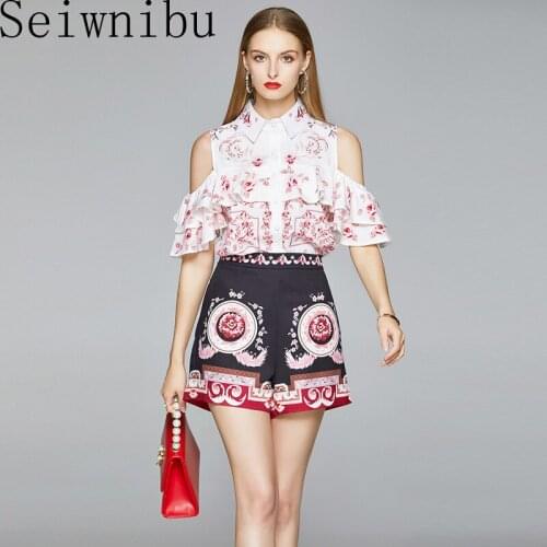 Summer Women Elegant Vintage Pants Suits Designer Ruffles Short Sleeve Tops And Ladies Print Shorts Two Pieces Set