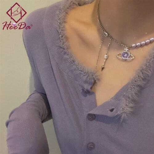 Korean New Fashion Creative Planet Choker Necklace 2021 Women Creative Elegant Purple Pearl Clavicle Chain Sweet Jewelry Female