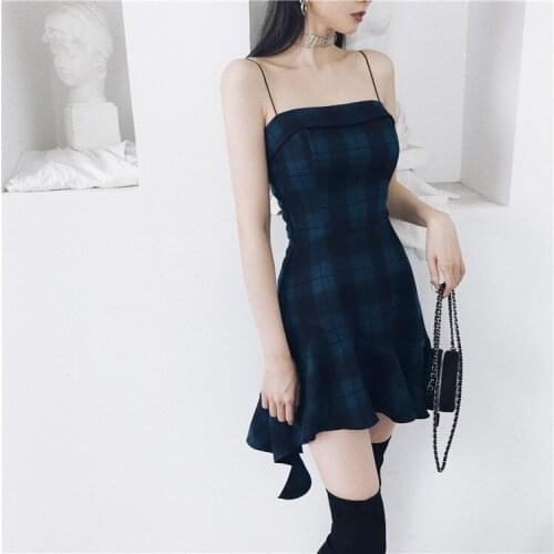 New Spring Autumn Preppy style Gothic Girls Sexy Sling Dress Bluish Green temperament Plaid Women Sleeveless Mini Short Dresses