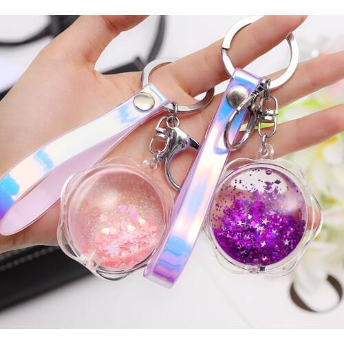 2019 Couples Pendant Flower Acrylic Move Glitter Quicksand Liquid Key Chain PU Leather Keyring Car Bag For Women Gift Keychain