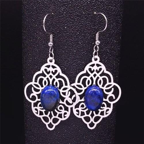 2021 Bohemian Flower Blue Natural Stone Stainless Steel Big Earring Women Silver Color Drop Earrings Jewelry oorbellen EXS04