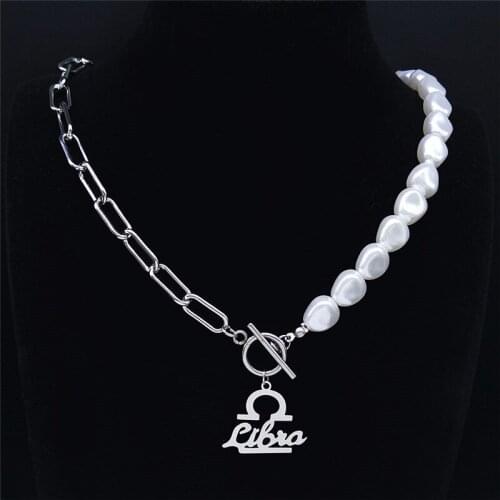 2021 Libra Stainless Steel Imitation Pearls Punk Necklaces for Women Charm Necklace Astrology Jewelry collier perle NXS03
