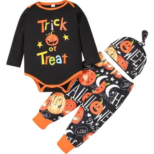3PCS Set Infant Baby Boys Halloween Letter Romper Bodysuit+Pumpkin Cartoon Pants Outfits Baby Clothing