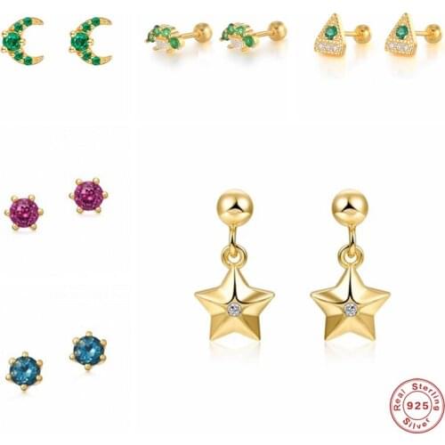 BOAKO 925 Sterling Silver Vintage Green Zircon Moon Star Stud Earrings For Women Girly Small Blue Crystal Floral Ear Studs Gift