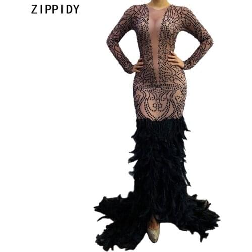 Black Rhinestone Transparent Feather Train Dress Women Prom Dance Club Outfit Birthday Celebrate Mesh Long Dresses