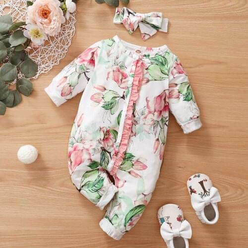 Toddler Infant Girls Autumn Romper Cute Flower Print Round-Neck Long Sleeve Single-Breasted Jumpsuit for Baby Girls 0-18 Months