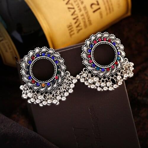 Ethnic Geometric Silver Color Indian Earrings Round Hollow Jewelry Vintage Statement Earrings For Women Bohemian Earings Gifts