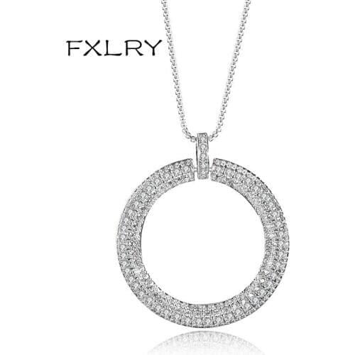 FXLRY New Design Personality White Color Cubic Zircon Geometrical Circular Necklaces For Girl To Gift Jewelry