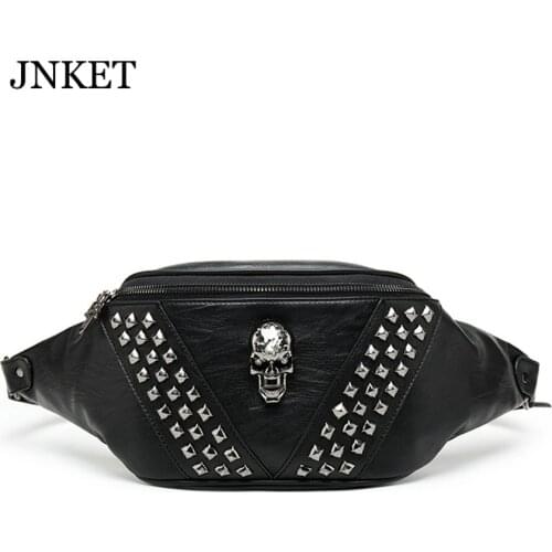 JNKET New Mens Chest Bag PU Leather Rivet Shoulder Bag Multifunctional Sling Bag Skull Crossbody Bags