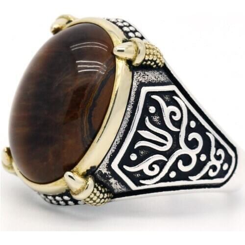 Solid 925 Silver Ring for Male With Natural Tiger Eyes Rings Retro Vintage Style Signet Mens Rings Fashion Wedding Jewelry Gift