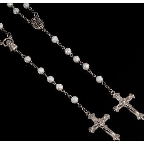 Fatima White Rose Rosary Cross Necklace, Rose Fatima Prayer Blessing Jewelry Necklace. Gift Fatima Center Rosary Necklace.48pcs
