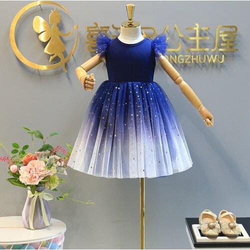Girls Navy Sequins Stars Dress for Kids Tutu Princess Vestido Clothing Outfit for Little Girls 2-6yrs