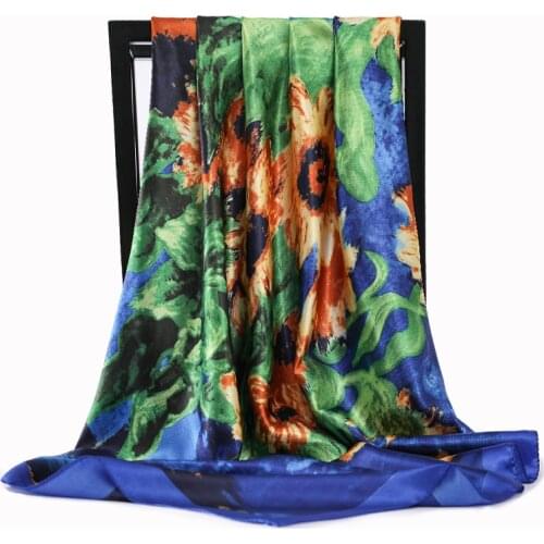 Women Scarf Silk Sunflower Oil Painting Foulard Satin Square Head Scarves Women Luxury Design Shawls 90*90cm Large Muslim Hijab