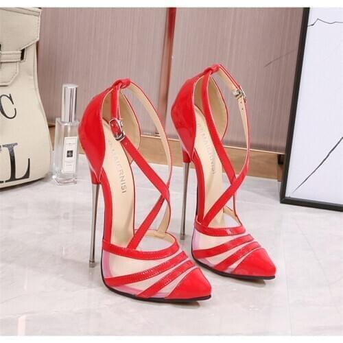 Rand 16cm Heels Mesh Gauze Superstar Women Sandals Stiletto Pumps Cross Buckle Summer Shoes Woman Big Siz Zapatos De Tacon 2020