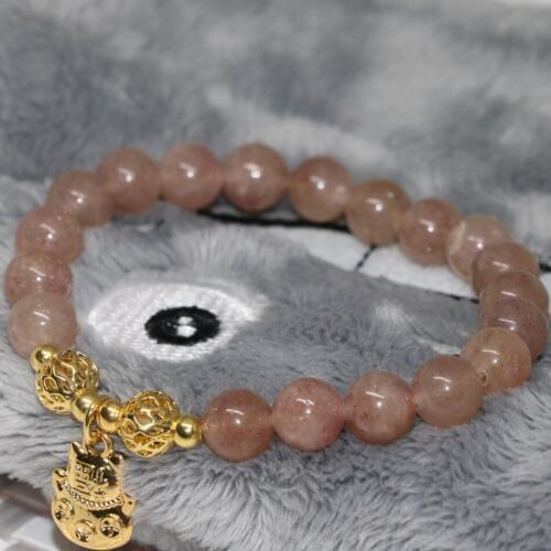 Unique design free shipping 8mm natural strawberry crystal quartz gold-color accessories bracelet women jewelry 7.5inch B2002